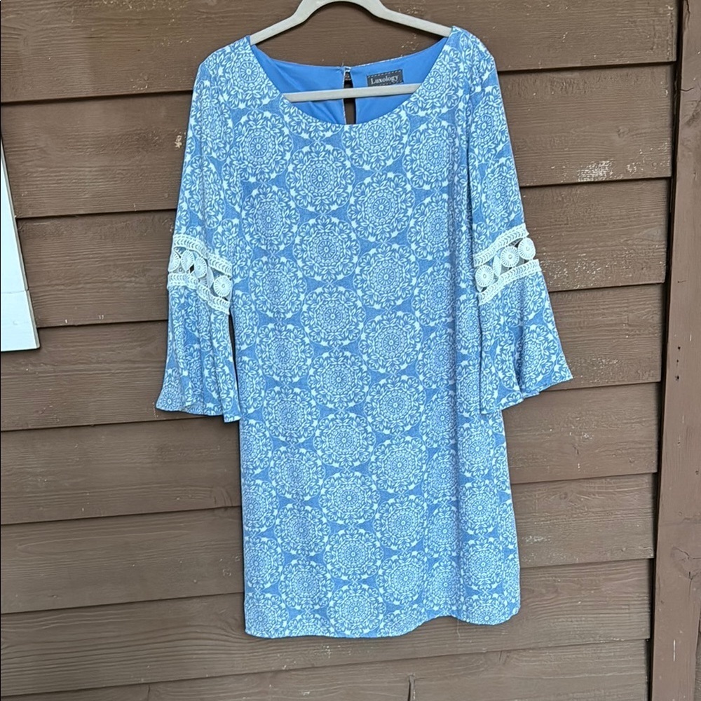 Luxology Blue Sheath Dress with Bell Sleeves and Scoop Neck size 14